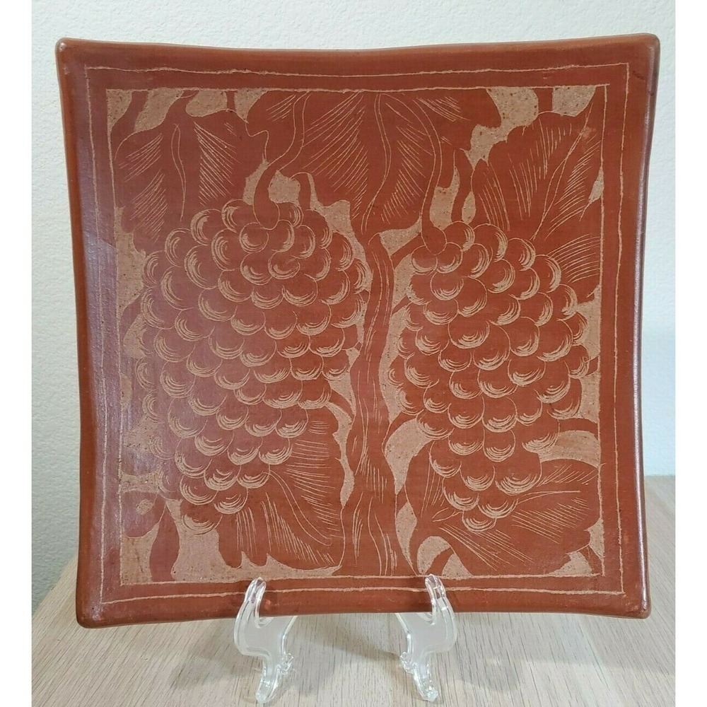 Vintage Red Clay Terra Cotta Hand Etched Grapes and Vines Plate/Platter/Dish